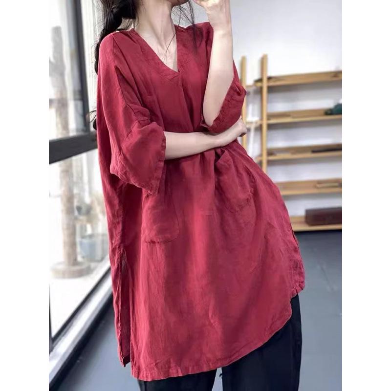 

Women s V-Neck Long Sleeve Cotton Linen Shirt - Casual, Loose Fit 3XL червоний