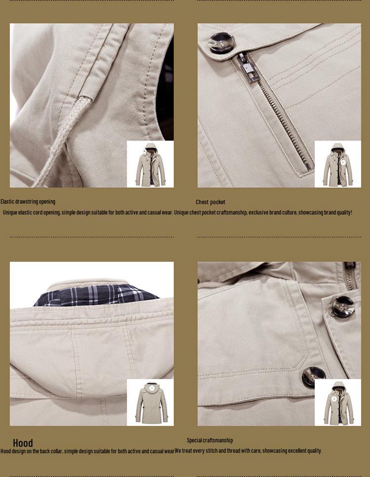 Herren-Windbreaker aus gewaschener Baumwolle, europäische Größe: Mittellange Freizeitjacke für Herbst/Winter