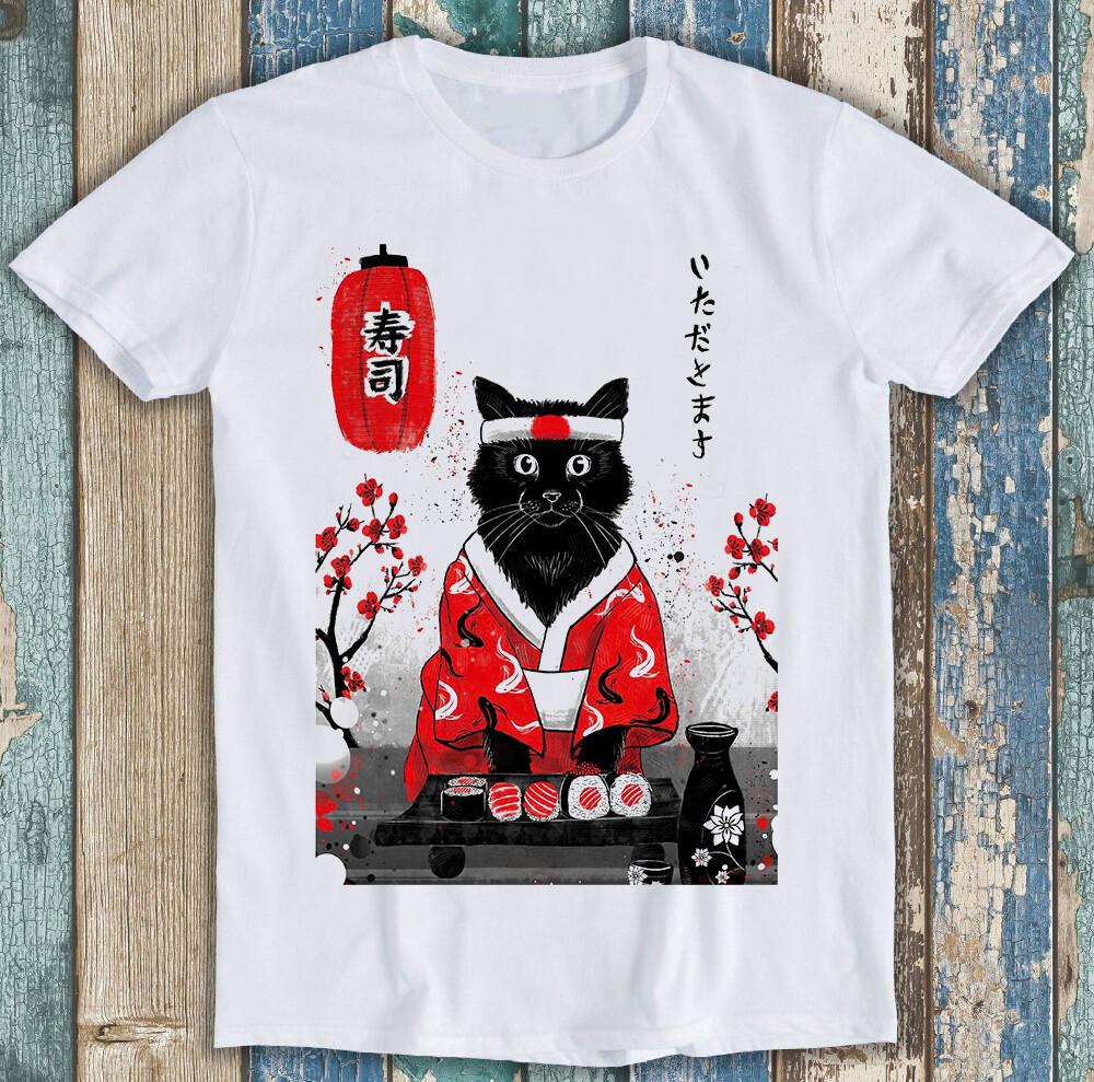 Japanese Sushi Cat Kitten Cartoon Anime Manga Funny Gift Tee T Shirt M1395