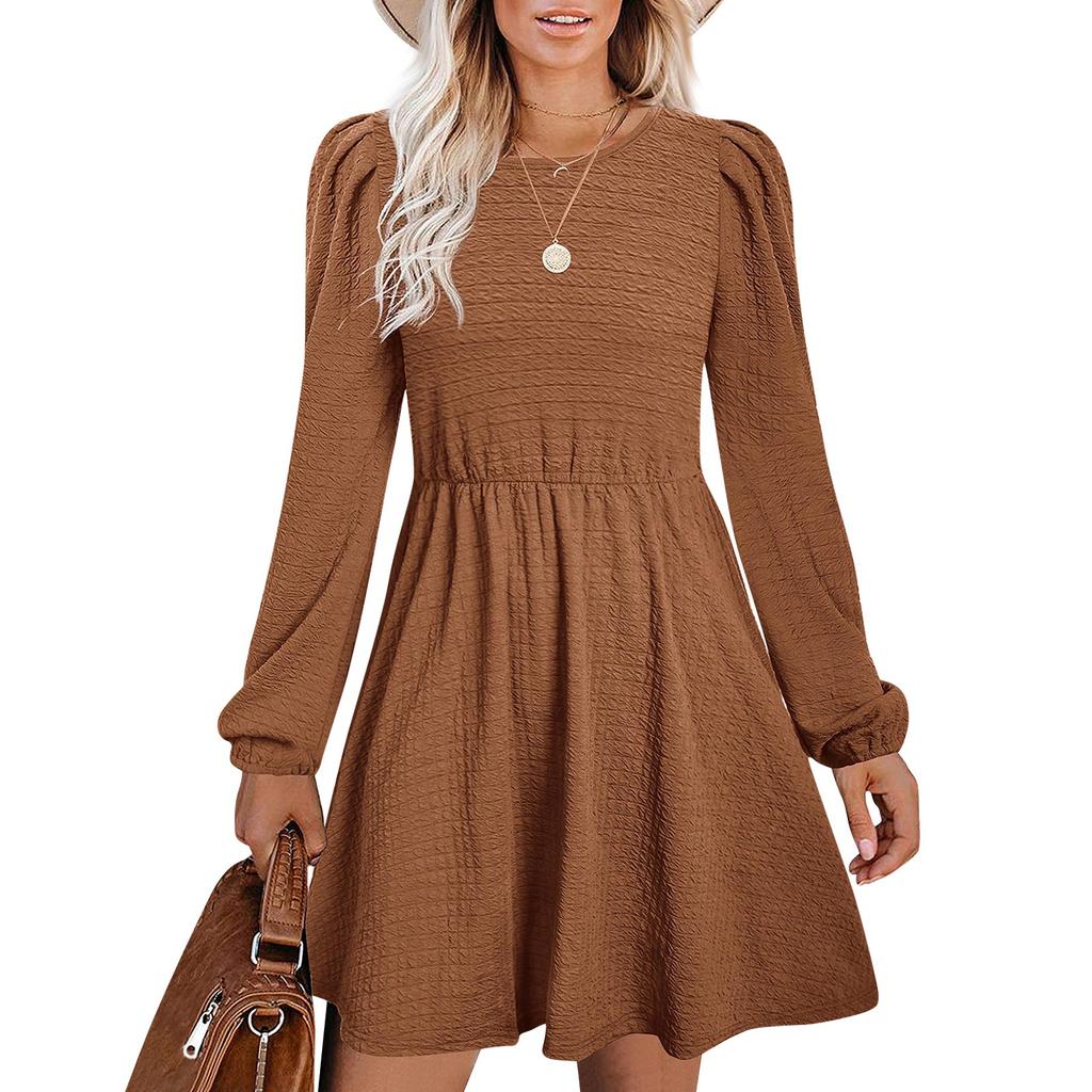 Womens Puff Long Sleeve High Waist  Casual Knit Crewneck Knee Length Dresses
