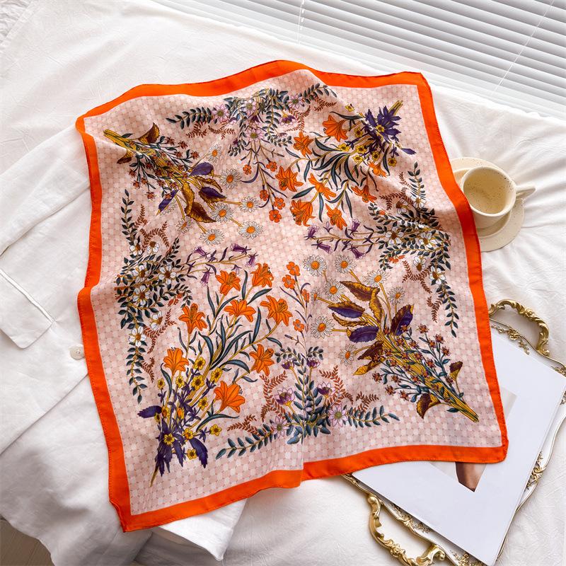 Headscarf, Scarf, Square Scarf, Silk Scarf, Shawl, Imitation Velvet, Orange Edge, Flower Pattern, Cotton and Linen Sunscreen, Scarf, Female Feeling, S
