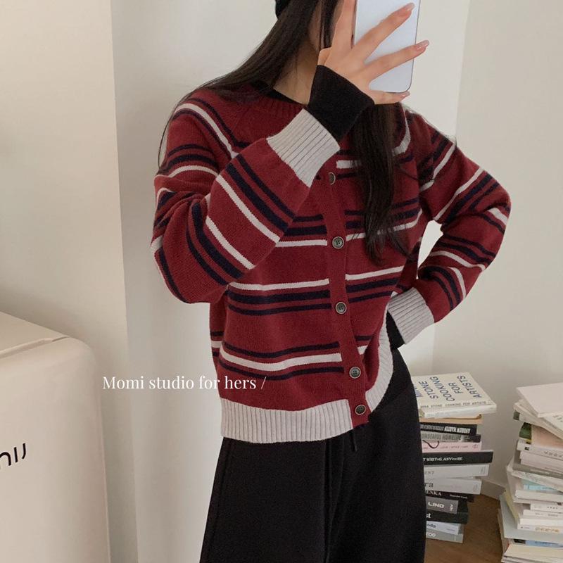 

Du Xiaozhai полосатый вязаный кардиган осень/зима: Женская куртка-свитер с длинным рукавом и круглым вырезом One Size