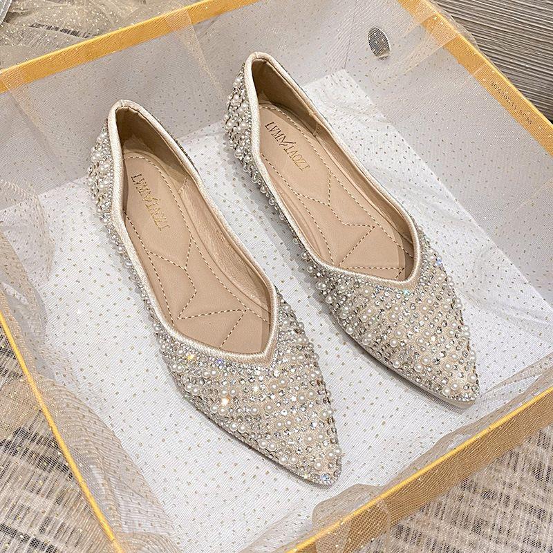 Rhinestone Pointed Single Shoes Women's Summer Flat-soled Shallow-mouth Laden Shoes Soft-soled Large-size Women's Shoes