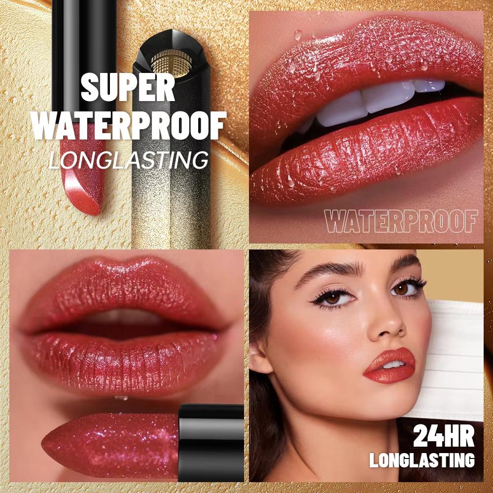 Diamond Pink Lipstick Shiny Pearl Sparkling Lip Gloss Makeup Pearlescent Red Sexy Metallic Glitter Lipstick Waterproof Cosmetics
