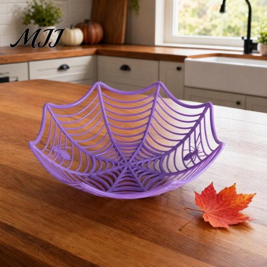Durable Halloween Bowl Spider Web Basket, Plastic Cobweb Design Fruit Serving Bowl, Treat High-quality or Trick Candy Holder for Dinner Table,