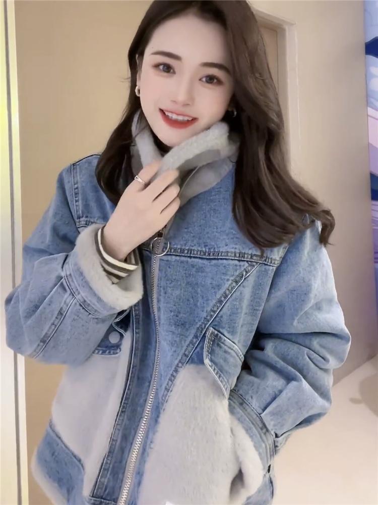 Lamb Wool Denim Jacket Women's Winter Thickened New Design Sense Niche Velvet Stand-up Collar Cotton Clothes Cotton Clothes Women