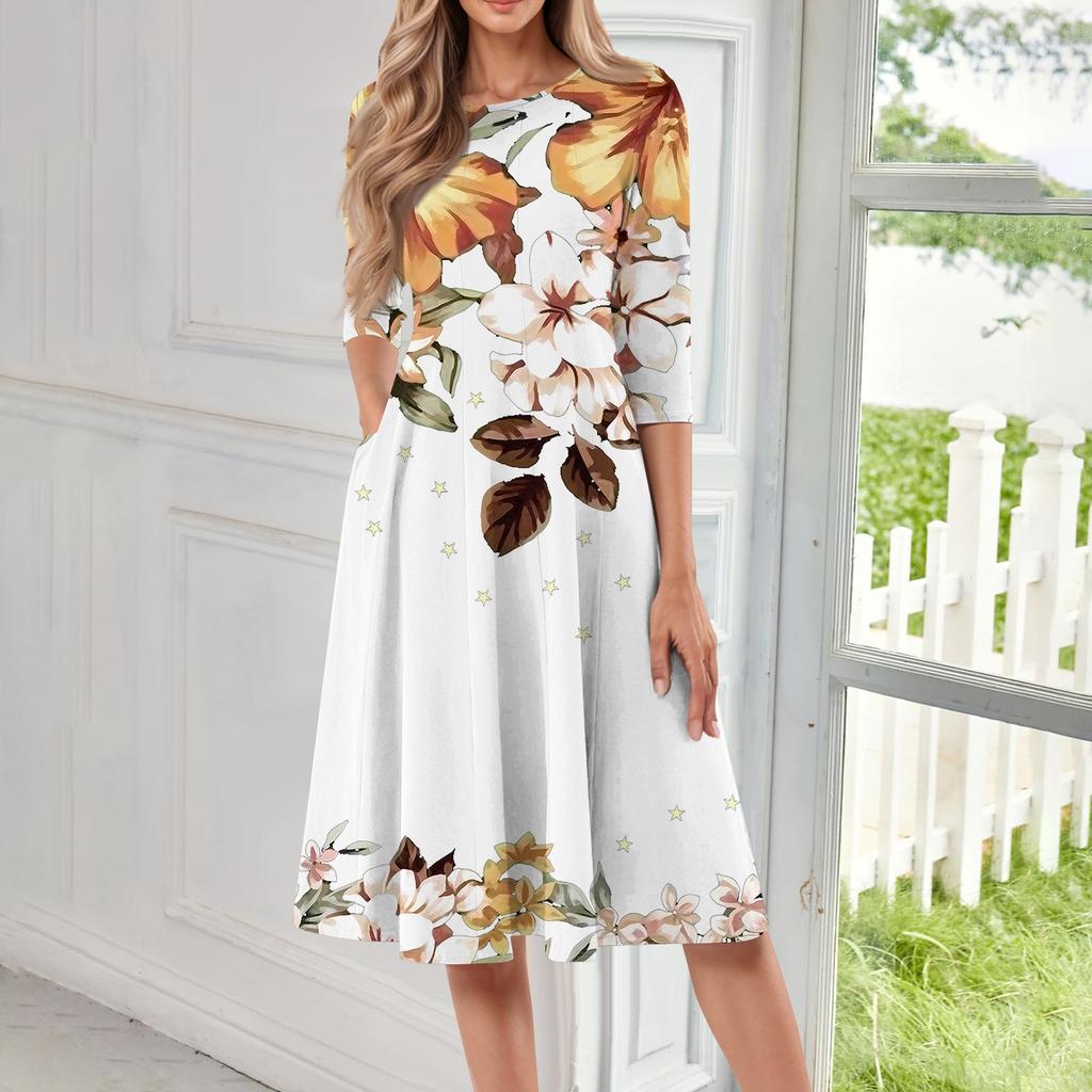 Women's Casual Fashion Round Neck Three Quarter Sleeve Print Midi Dress