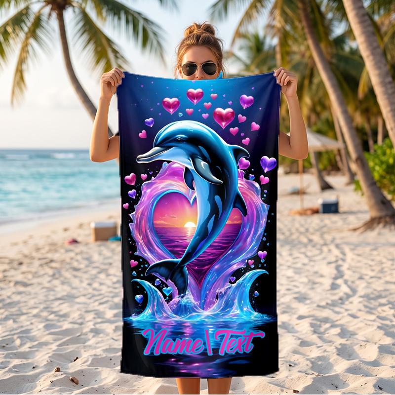 Neon Dolphin (1) Custom Name Beach Towel Large Towel for Beach Pool Swimming Vacation Travel Gift
