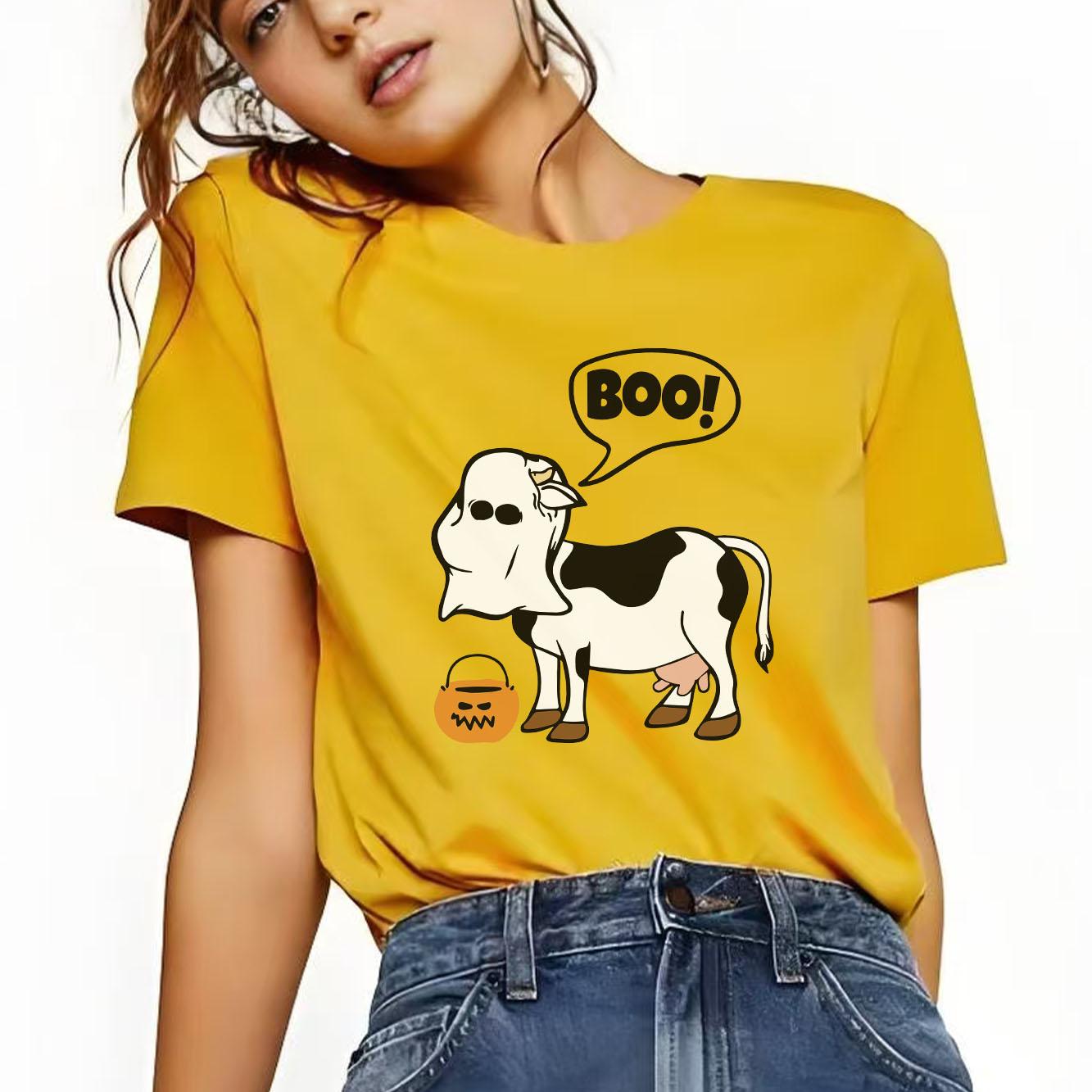 

Halloween Cute Cow Cartoon Printed Short Sleeve Round Neck SpringSummer Versatile Fashion Womens Tshirt S
