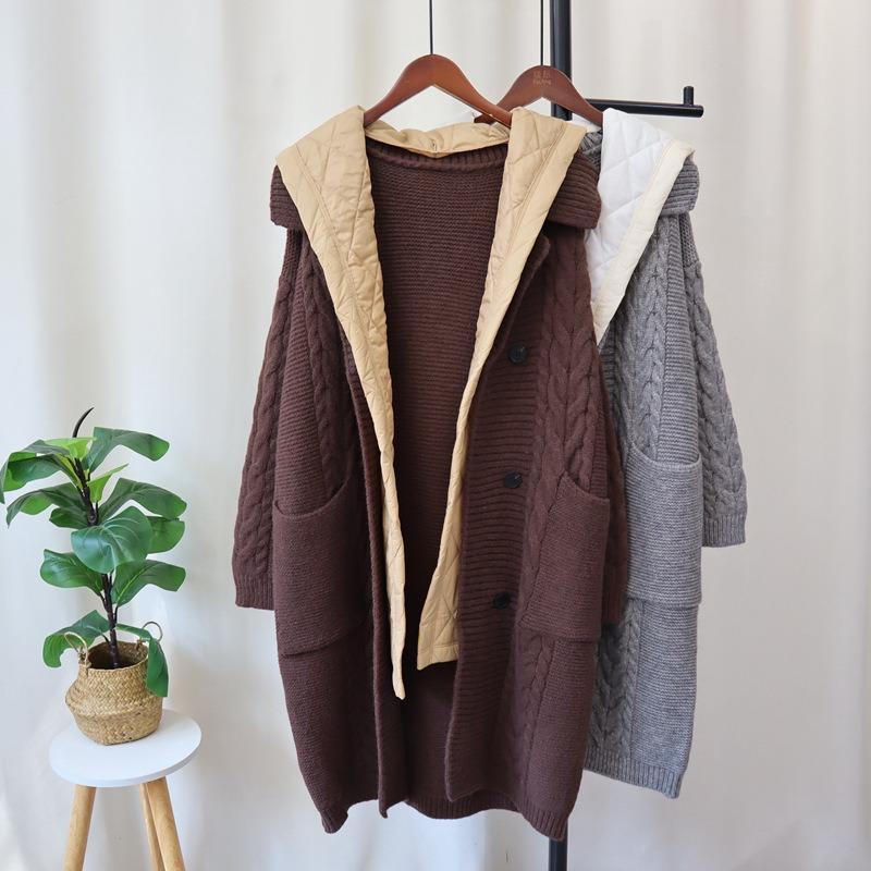Long over-knee splicing cotton clothes knitted cardigan autumn and winter new hooded loose design sweater jacket women