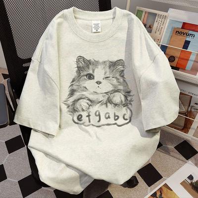 Sommer übergroßen T-shirt Frauen reine Baumwolle niedlichen cartoon katze druck T-shirts Weibliche Casual weiß grau y2k Tops Kurzarm T-shirt streetwear