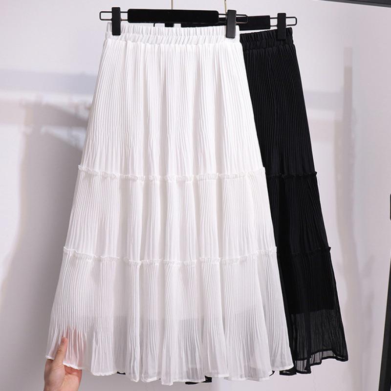 Chiffon Pleated High-Waist Midi Skirt for Spring/Summer 2024 - Solid Color, Loose, Mid-Length Skirt for Women