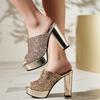 Plus Size Glitter Fabric Upper Super High Thick Heel Peep Toe Slippers Platform Blinding Sparkling Fashion Slippers