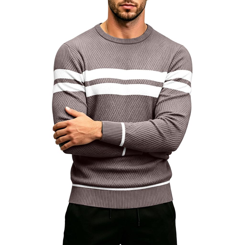 Men's Striped Round Neck Pullover Sweater Casual Long Sleeve Knit Top for Fall Winter