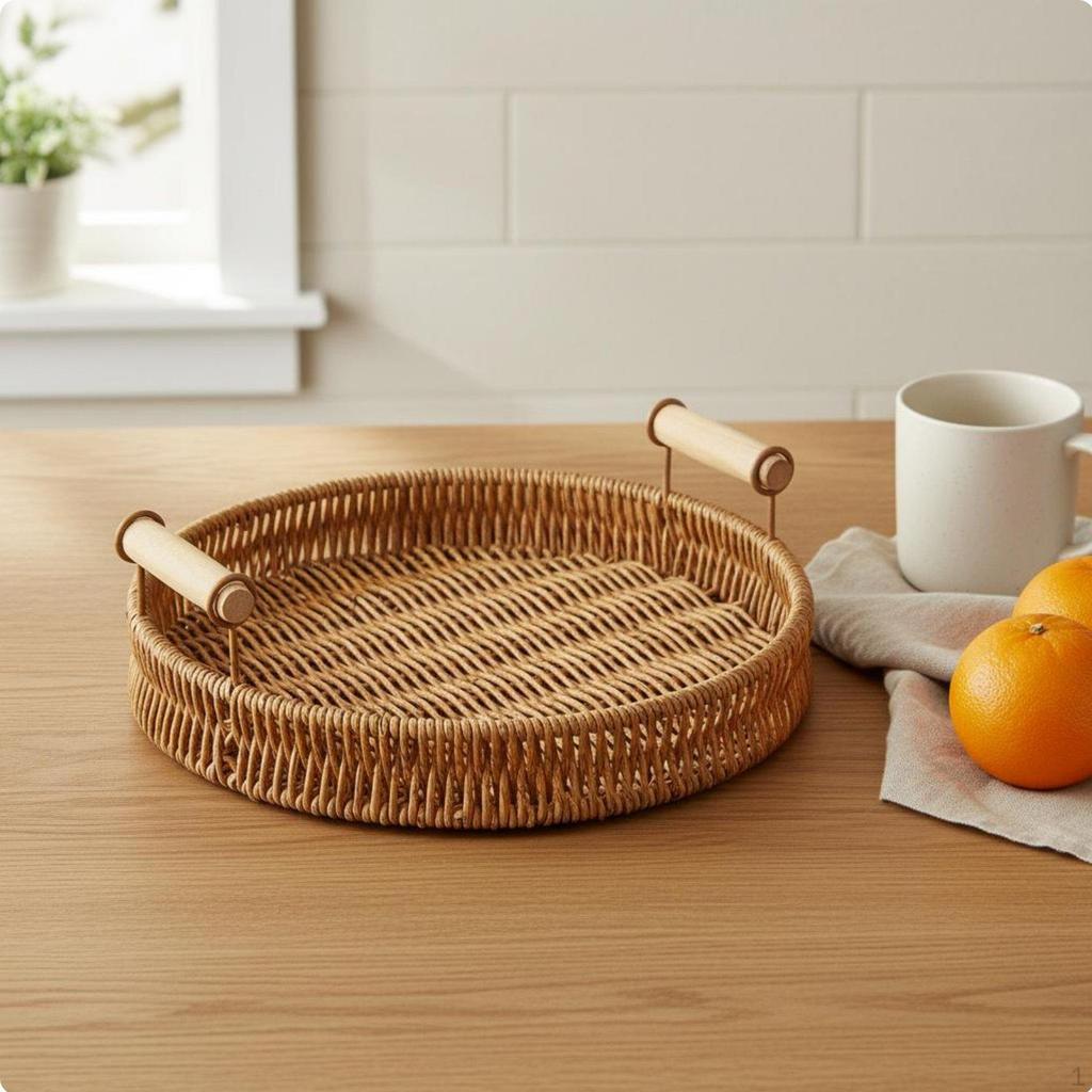 Woven Tray with Wooden Handles Versatile Faux Rattan Serving Platter Great Gift Idea Round Bread