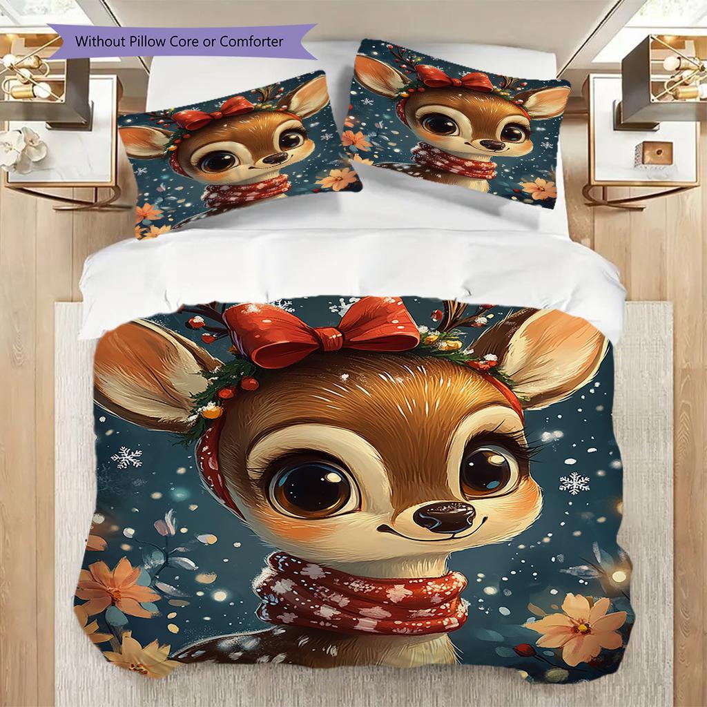 Elk Pattern Bedding Quilt Set Quilt Cover Pillowcase Home Decoration Birthday Gift (1 * Duvet Cover + 2 * Pillowcase, Without Core)