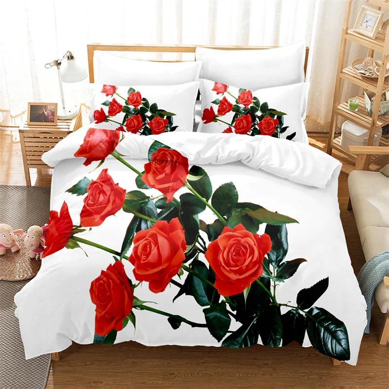 Comforter Rose Flower Bedding Set 4Pcs Pink Red 200X230 For Double Bed 3D Bedsheet 230X230 Full Size Thin Fabric