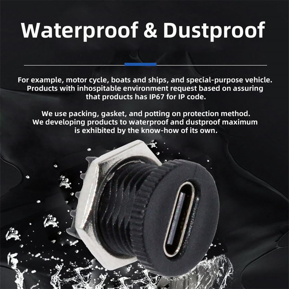 cablecc Set DC Power DIY OEM Type C Female Socket Connector PCBA Pinout PD IP67 Nut Mount 5-Piece 5V/20V - 6-Pin (Square Type)