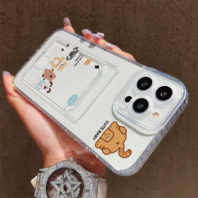 Card Slot Holder Silicone Wallet Pocket Case For Oppo Reno 10 14F 13F 12F Samsung A06 A16 A36 A56 Redmi Note 13 Honor X6A X6B Cover Clear Phone Bumper