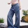 Womens High Waist Wide Leg Straight Cut Distressed Washed Denim Jeans Casual Streetwear Trousers