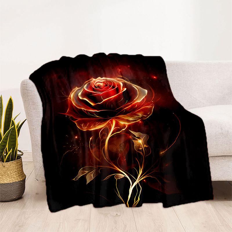 1pc Cozy Red Flame Golden Rose Printed Blanket Lightweight Flannel Throw Blanket For Sofa, Bed, Living Room, Office, Couch