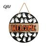 Halloween Welcome Sign Hanging Door Sign, Wooden Front Hanger Wreath, Cute Decoration Ghost for Porch Wall Indoor Home Party