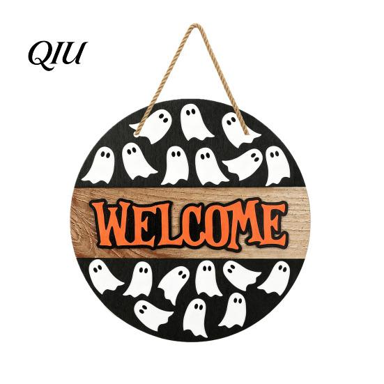 Halloween Welcome Sign Hanging Door Sign, Wooden Front Hanger Wreath, Cute Decoration Ghost for Porch Wall Indoor Home Party