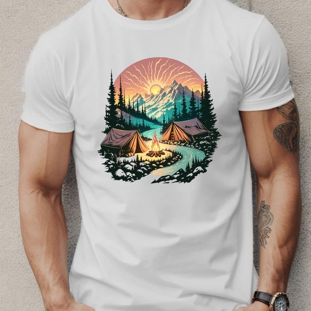 Mountain Camping River Sunset Graphic Tee Men Casual Breathable Short Sleeve TShirt
