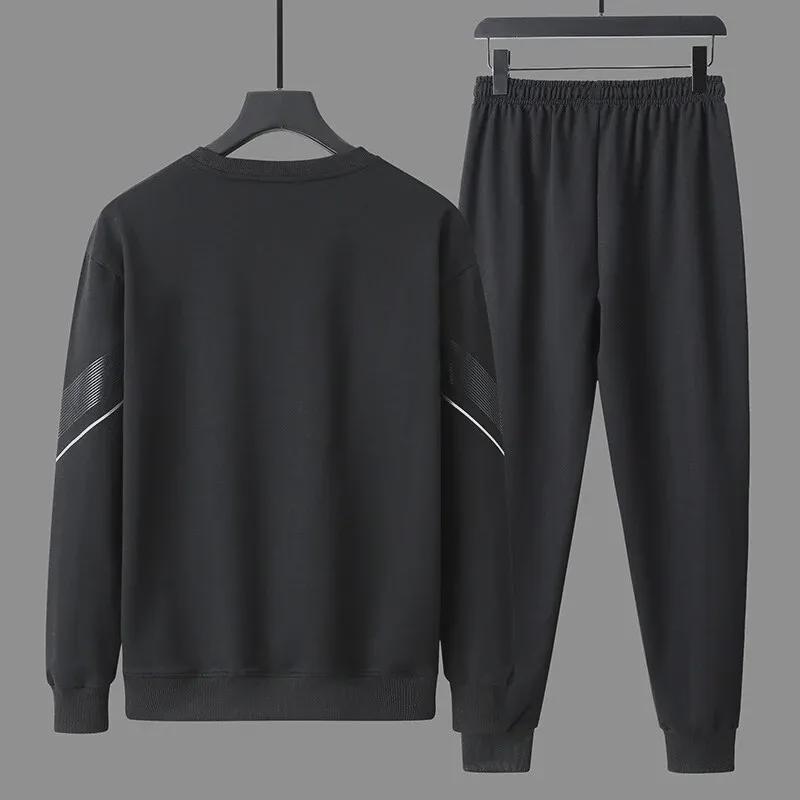Men's Plush Thickened Two-Piece Sports Suits: Long-Sleeve Pullover & Pants - Casual Trendy Autumn/Winter Activewear