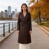 Womens Long Vintage PU Leather Coat With Adjustable Waist Belt Notched Collar Shoulder Epaullettes