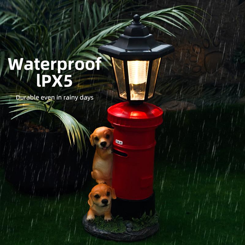 Solar Hexagonal Light with Dog Lying On Mailbox Sculpture Home Garden, Courtyard, Pathway, and Entrance Decorative Light Fixture