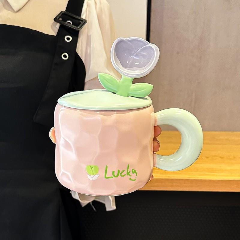 Tulip Mug with Lid Spoon with High Appearance and Cute Home Office Girl Ceramic Drinking Cup Souvenir