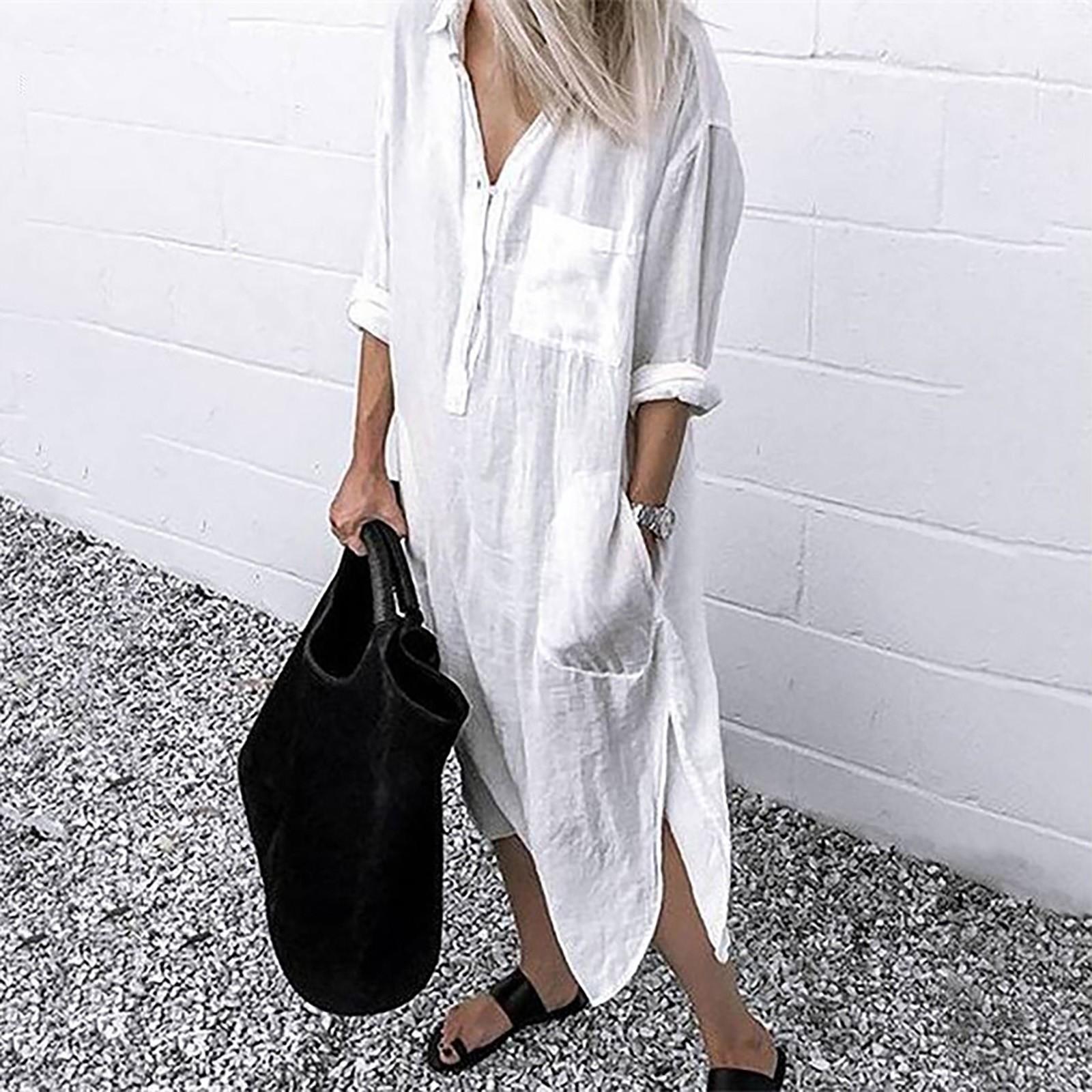 

Women s Fashion Pocket Loose Elegant Color Slit Dress L білий