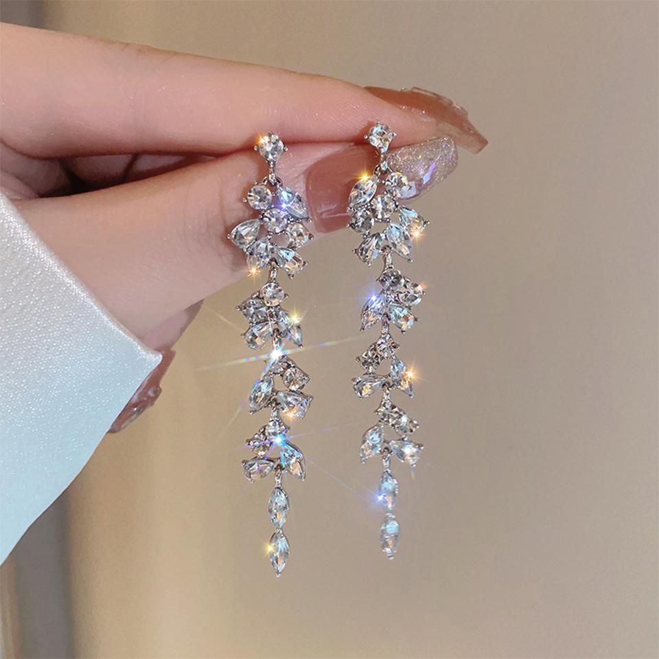 ZAKOL Elegant Sparkling Crystal Tassel Earrings for Women Geometric Hanging Drop Party Wedding Ear Zircon