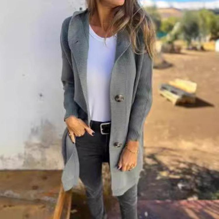 Women Knitted Cardigan Sweater Coat Long Sleeve Hooded Solid Color Mid Length with Pockets