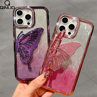 Luxus Bling Butterfly Bracket Transparente Hülle für iPhone 16 Plus 15 14 13 12 Pro Max 11 Überzug Glänzende Gradienten-Diamantabdeckung
