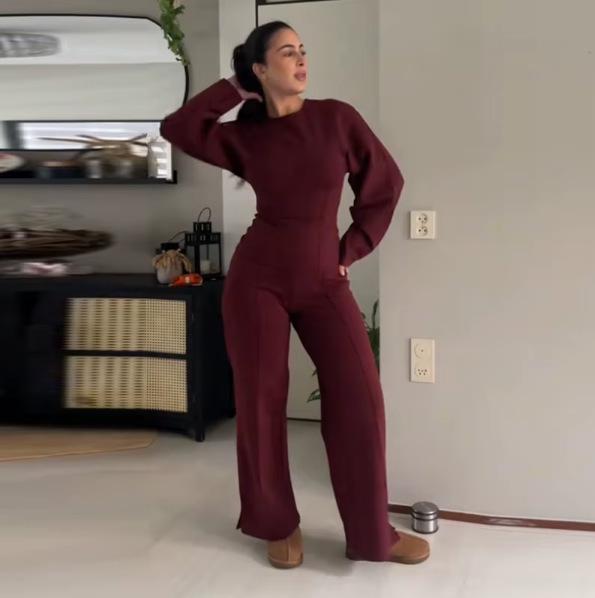 Autumn 2024 Women's Long Sleeve O-Neck Pleated Top & Wide Leg Pants Office Suit