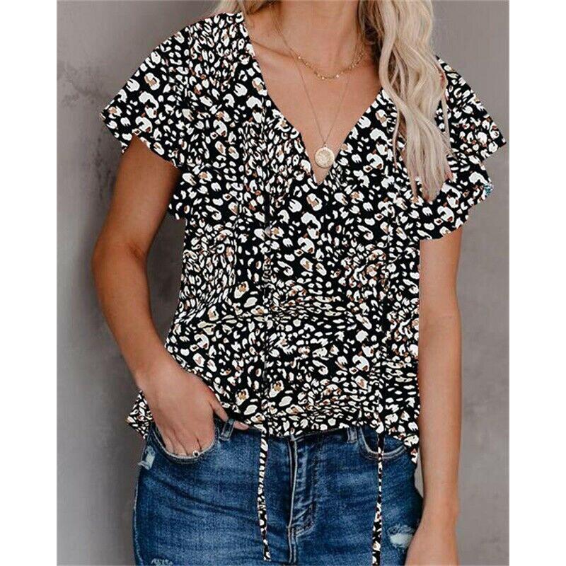

V Summer Womens Neck Short Sleeve T Shirt Floral Print Casual Blouse Loose Tops 2XL чорний