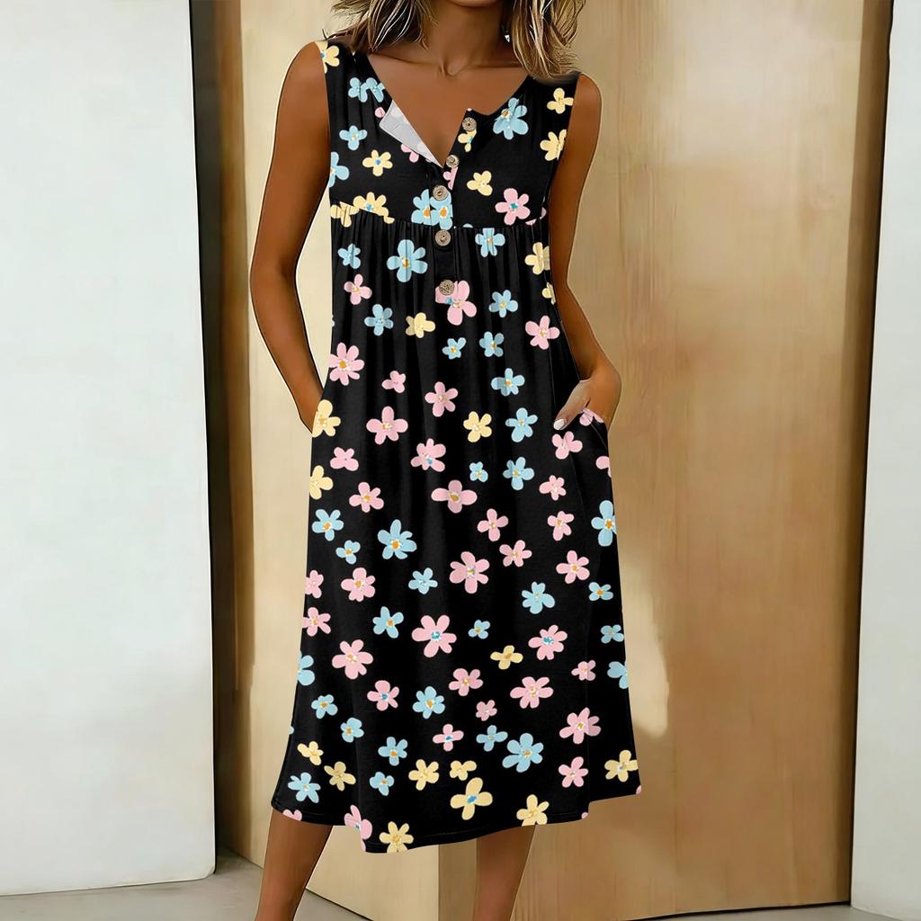 Women's Casual Sleeveless Button-down Mid-length Dress