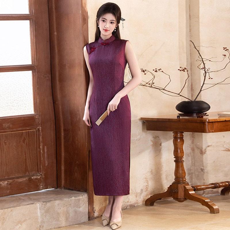 Purple Sleeveless Modern Chinese-Inspired Long Cheongsam Dress Women 2026 Retro Style With Gold Foil Crinkle Detail Medium