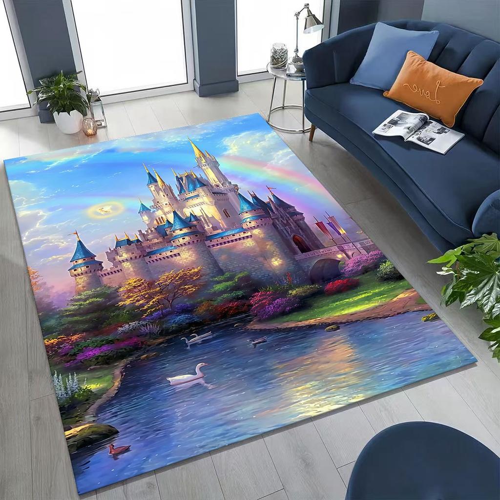 Enchanted Fairytale Princess Castle Gothic Castle Cartoon Rug for Bedroom Living Room Sofa Home Doormat Decor, Kids Non-slip Mat