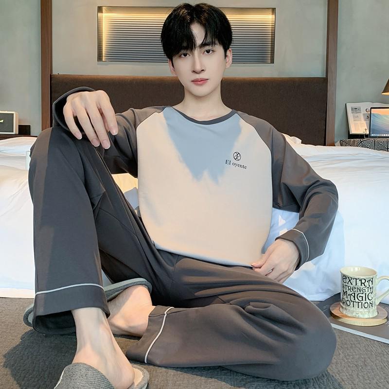 Męski bawełniany zestaw piżamowy z długim rękawem - Casualowy, luźny krój, plus size, styl koreański na jesień i wiosnę