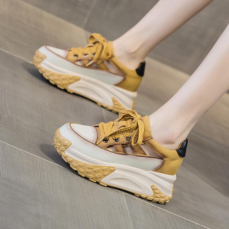 Daddy Shoes Leather Surface Hollow Women 2025 Summer New Retro Lightweight Inner Height Increase Casual Sports Shoes Platform Sandals