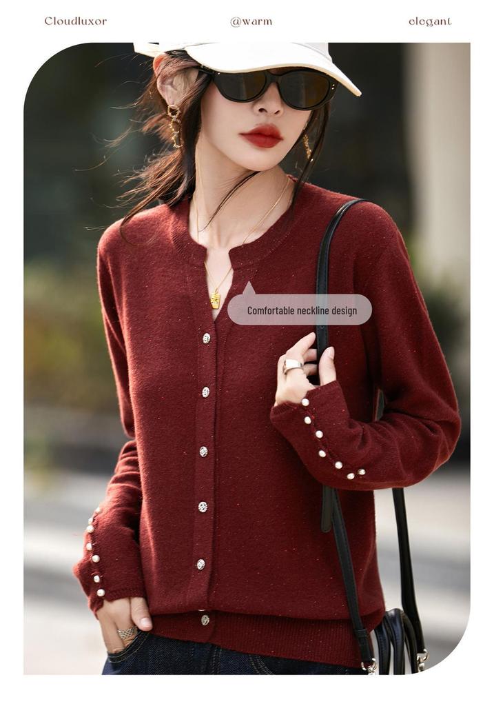 2026 Red Wool Cardigan with Sequins Lurex, Women's Long Sleeve Knit Sweater