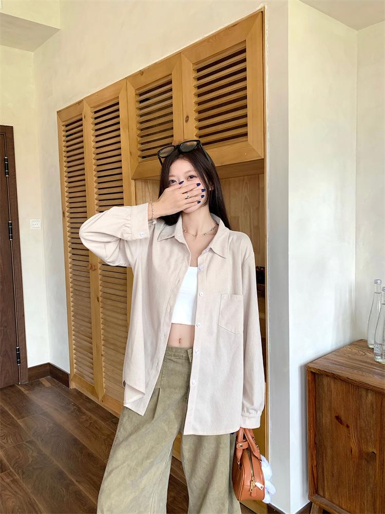 Plus Size Women's Retro Corduroy Shirt - Casual Long Sleeve BF Style for Spring & Autumn