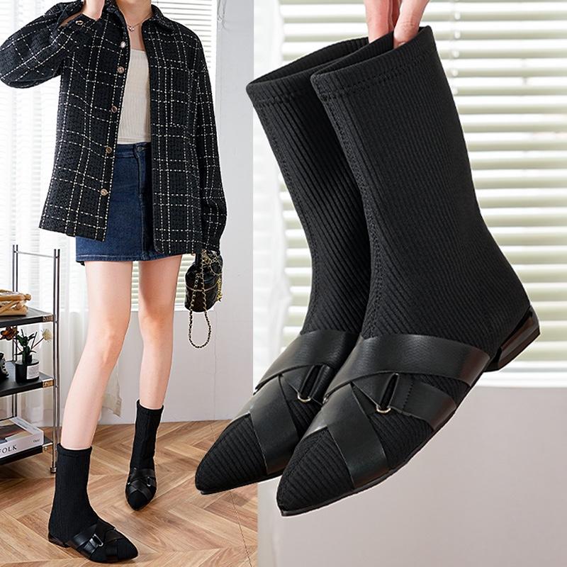 Fashion 2025 New Mid-leg Boots Women's Block Heel Stretch Knit Socks Boots Pointed Toe Sleeve Skinny Boots