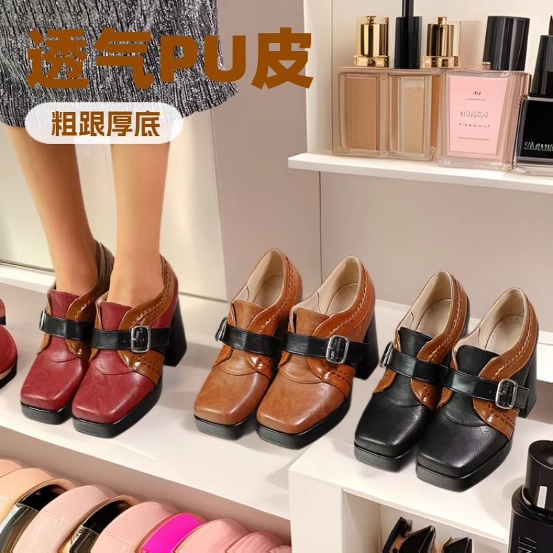 

New color matching buckle square head women s shoes water platform thick sole thick high heel single shoes 35-472025 foreign trade shoes round 39 коричневый