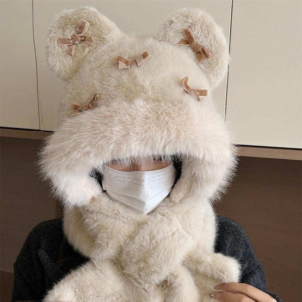 Fluffy Bow Ear Protection Hat Thickened Lei Feng Cap Personality Beanies Cap  Winter/Autumn