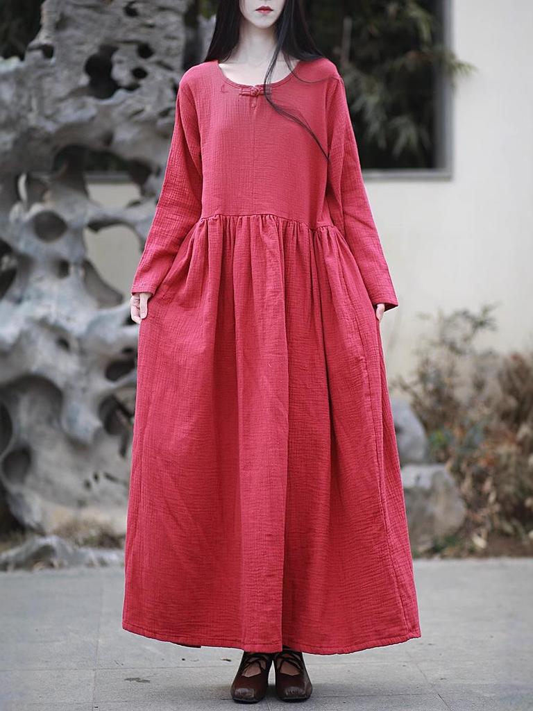 Women's Double-Layer Cotton and Linen Retro Long Dress - Cool, Gentle Style, Available In 4 Colors