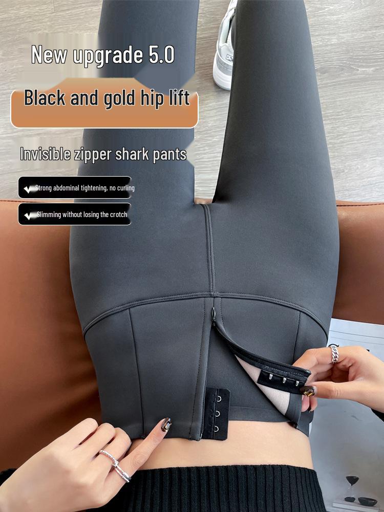 Women's High-Waist Zipper Tummy Control Pants with Shark Skin Texture - Autumn/Winter Velvet Bodycon Base Layer